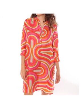 Vilagallo Silk Geometric Print Tunic Dress in Pink Navona